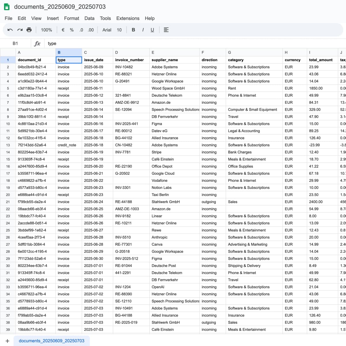 A documents CSV export with columns for issue date, supplier, amount, VAT, and category