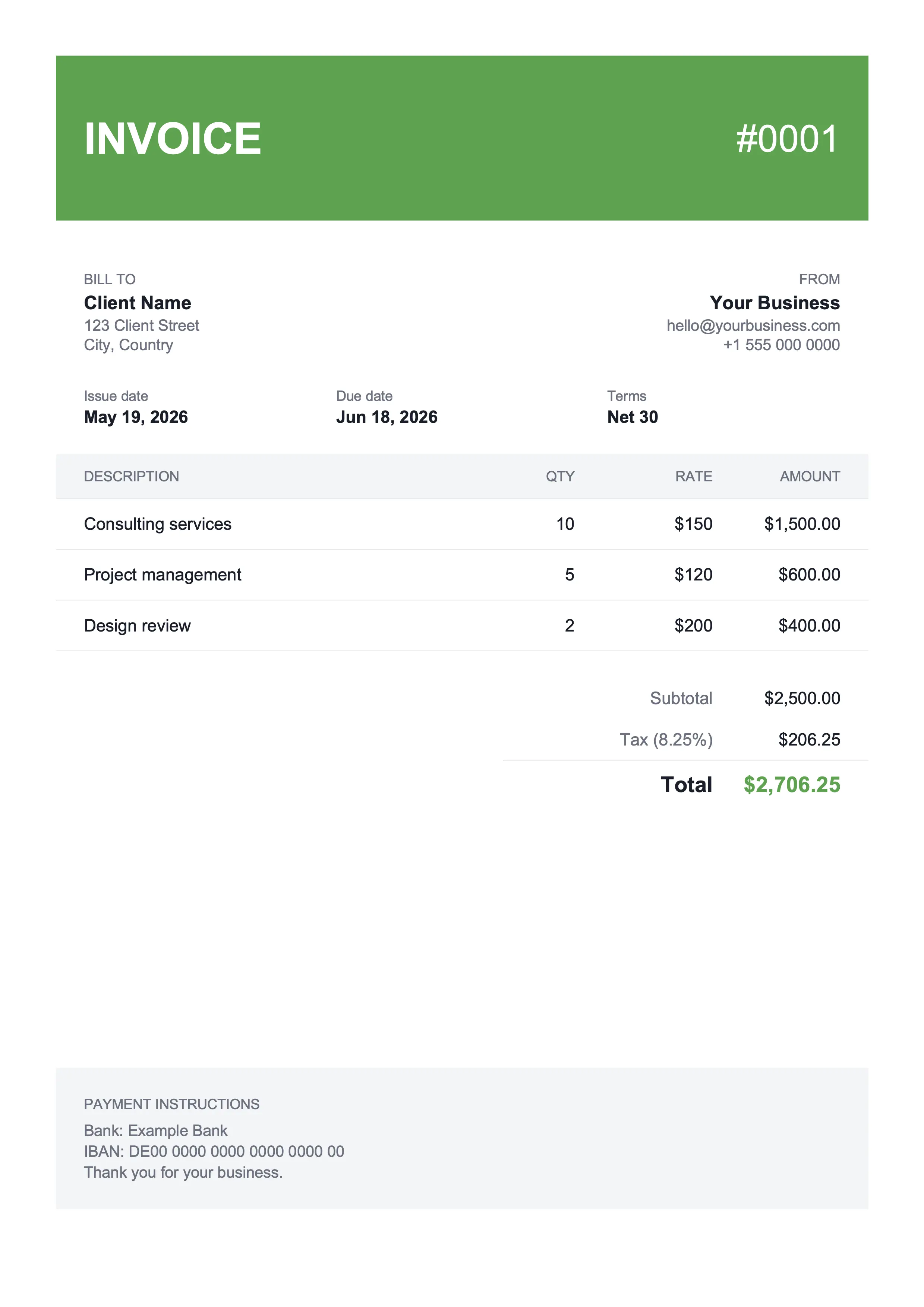Bold Green invoice template for Google Docs preview