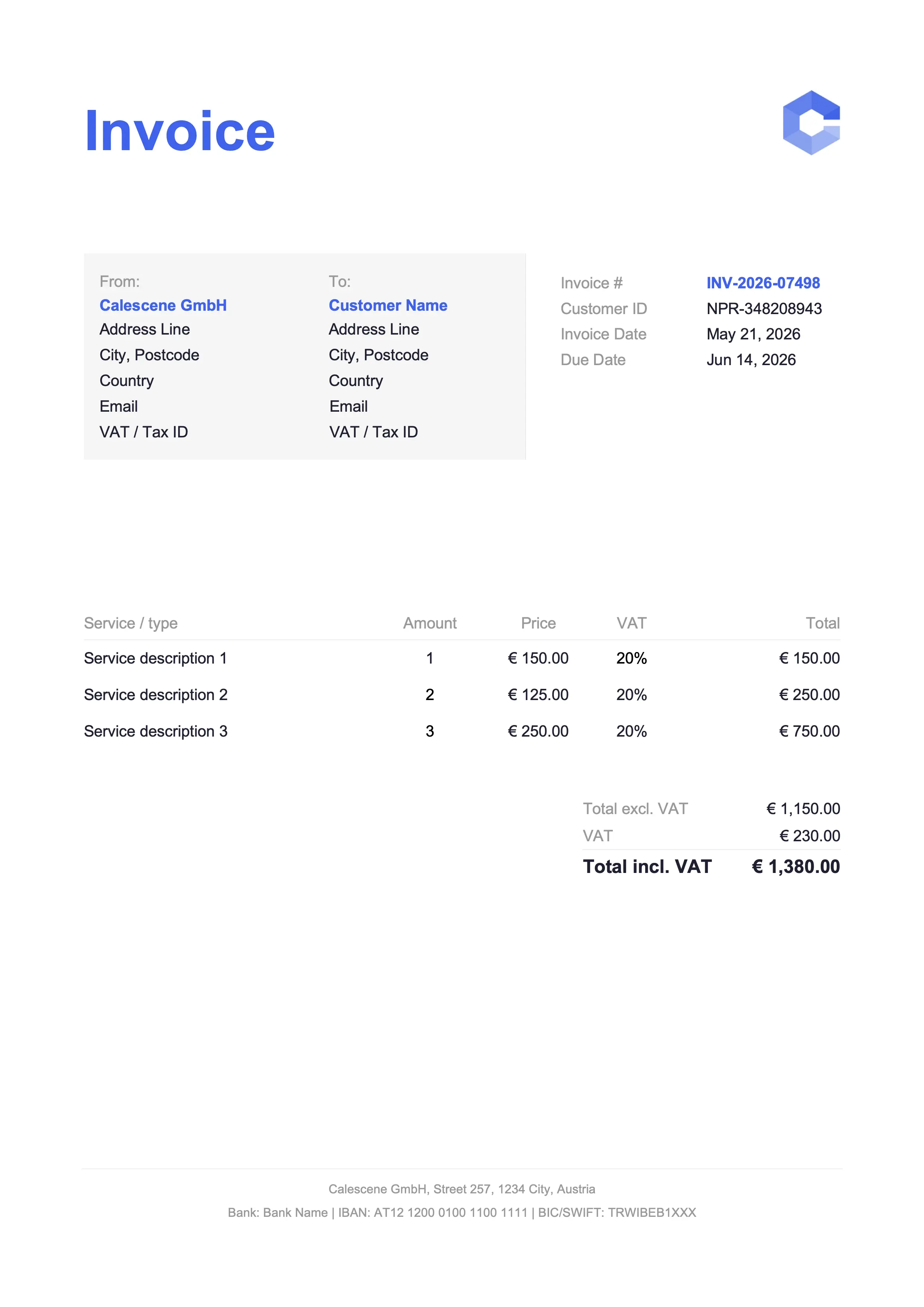 Classic Blue invoice template for Google Docs preview