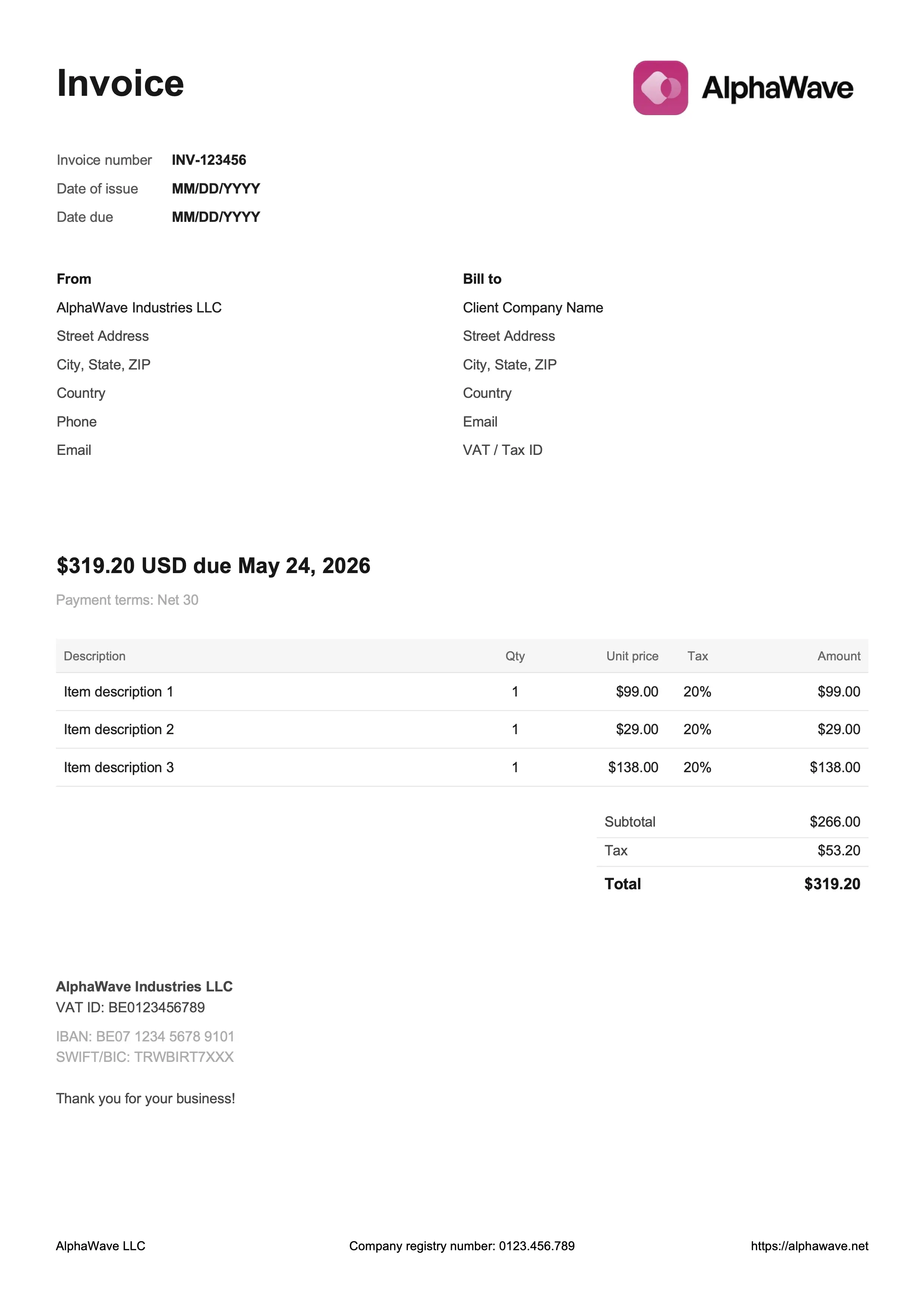 Minimal White invoice template for Google Docs preview