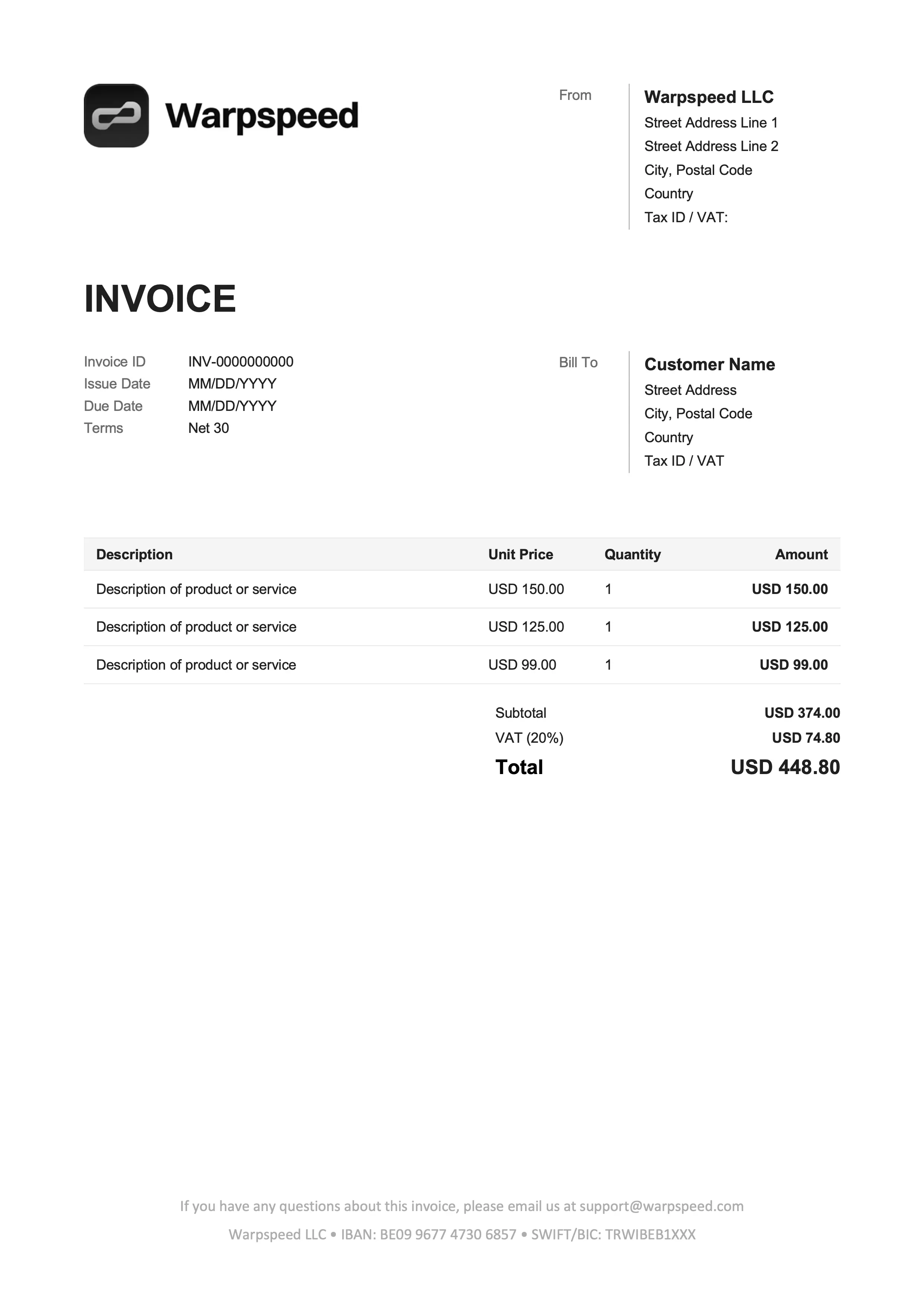 Modern Black invoice template for Google Docs preview
