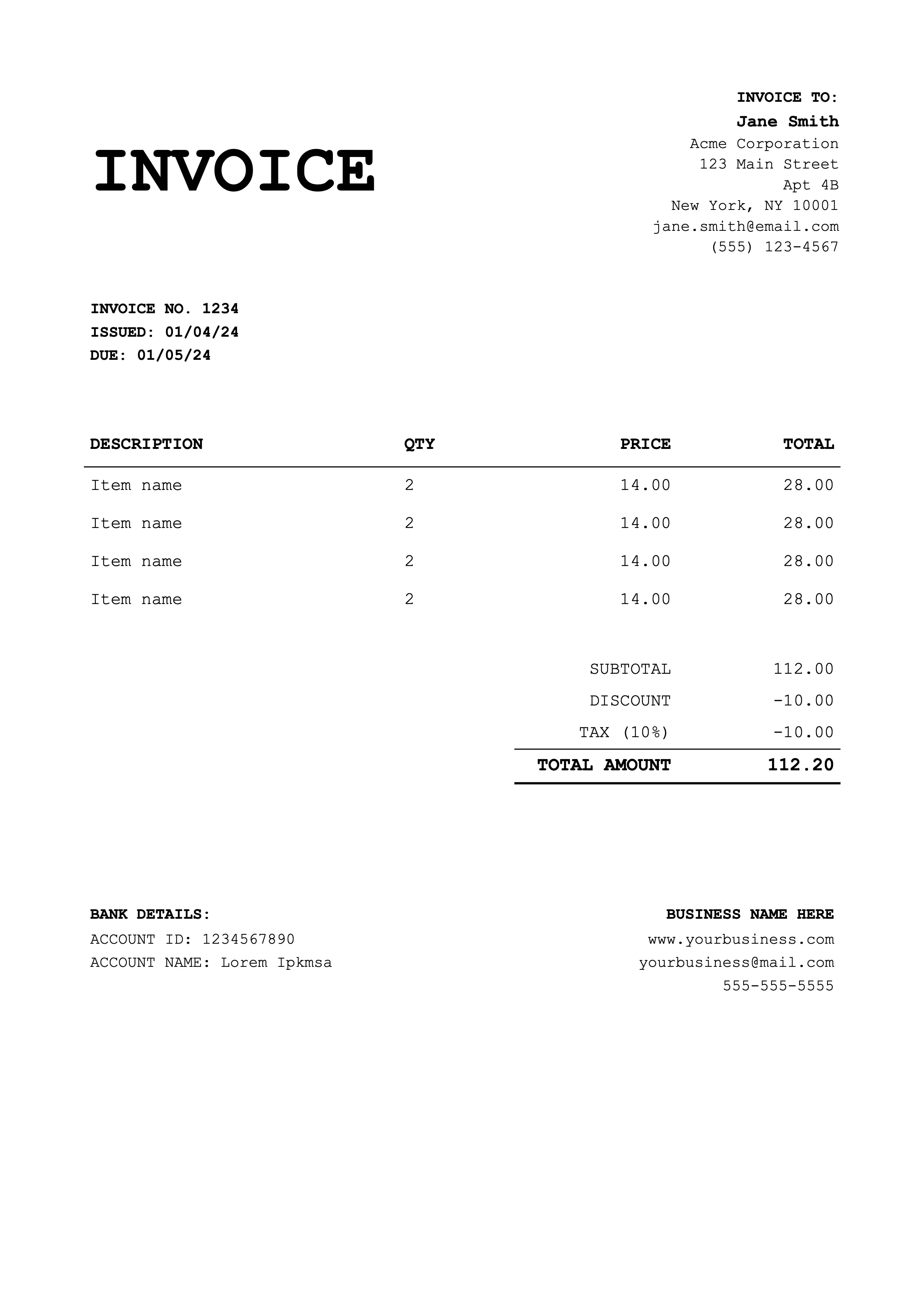 Mono Style invoice template for Google Docs preview