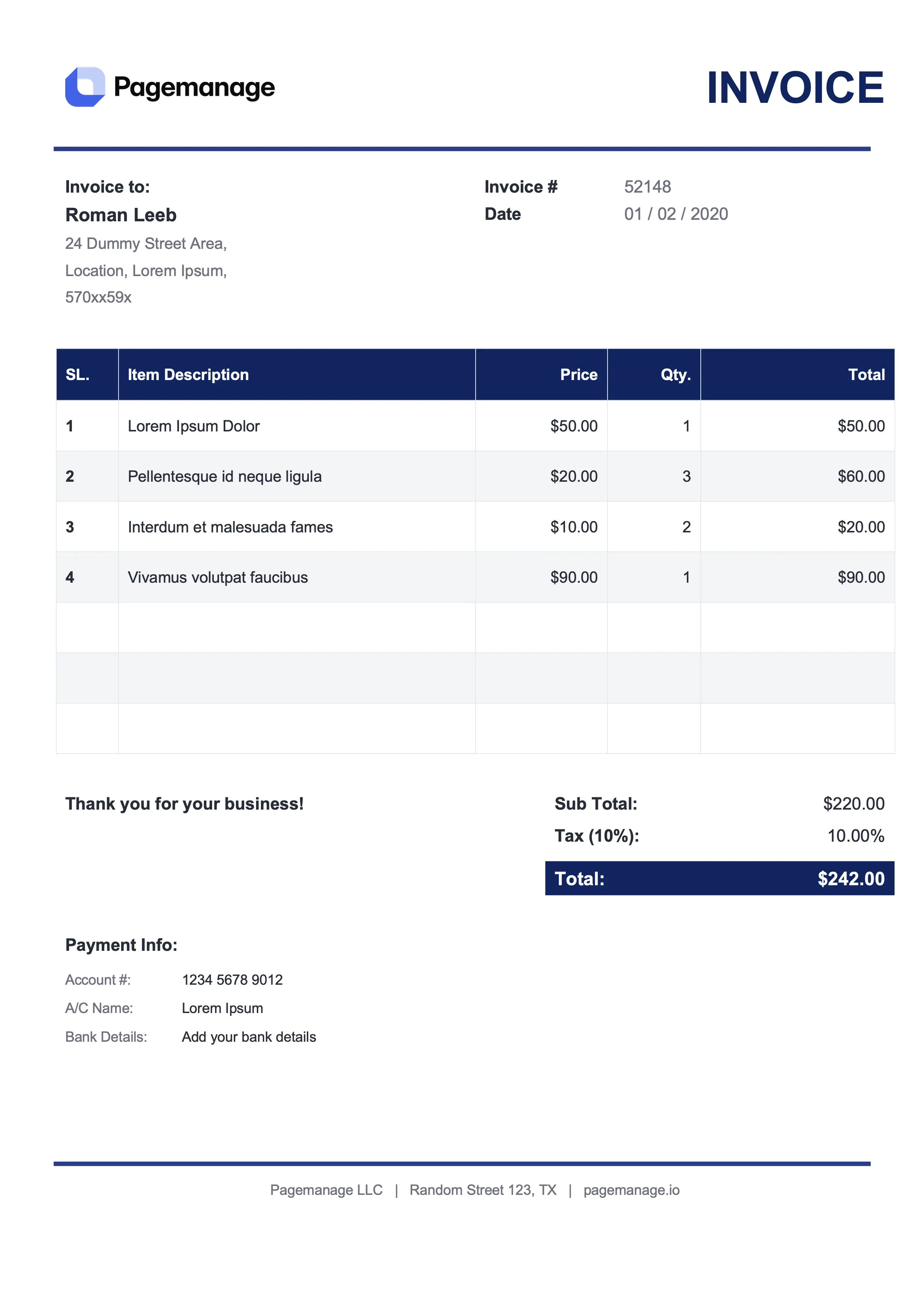 Professional Navy invoice template for Google Docs preview