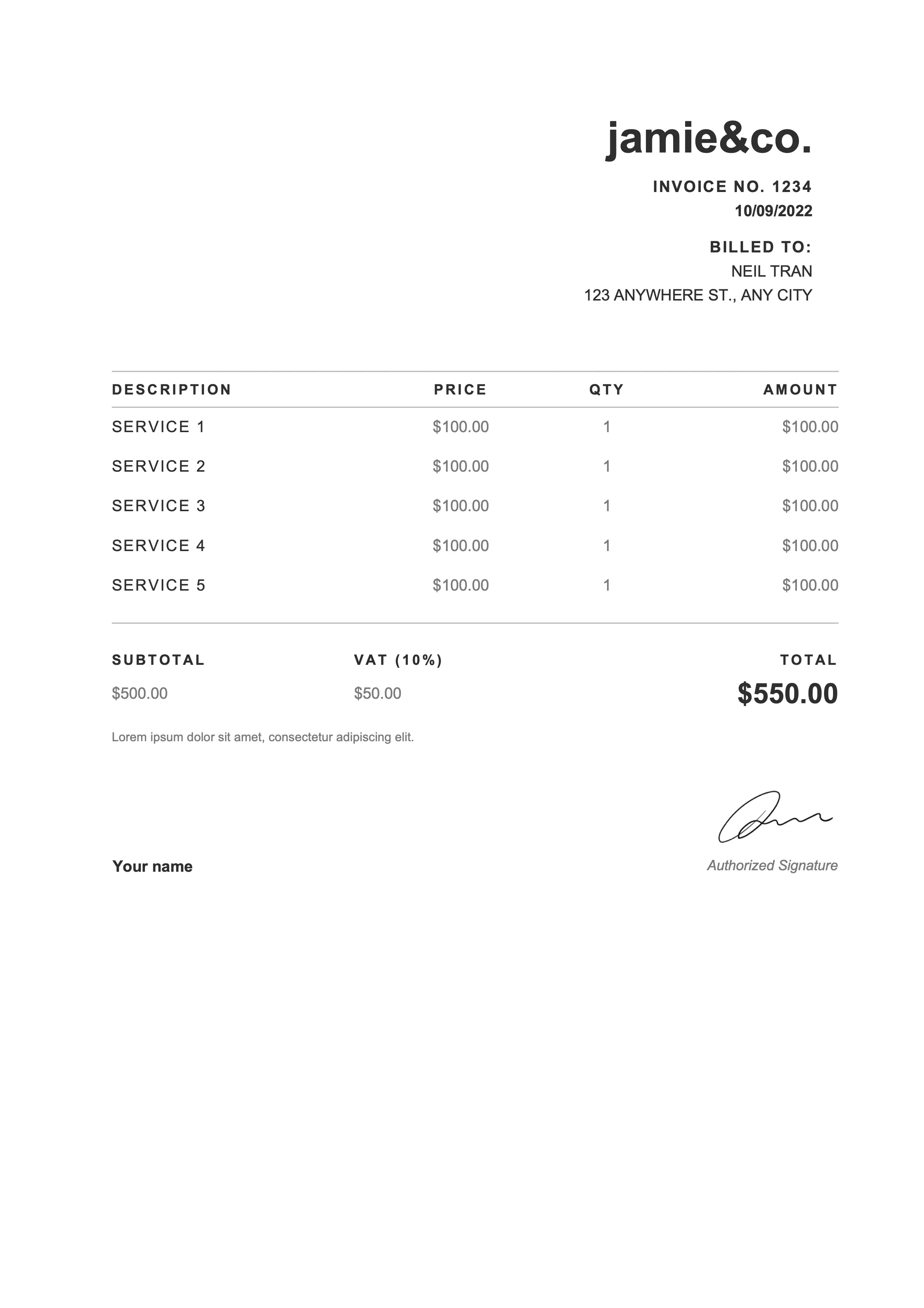 Signature Studio invoice template for Google Docs preview