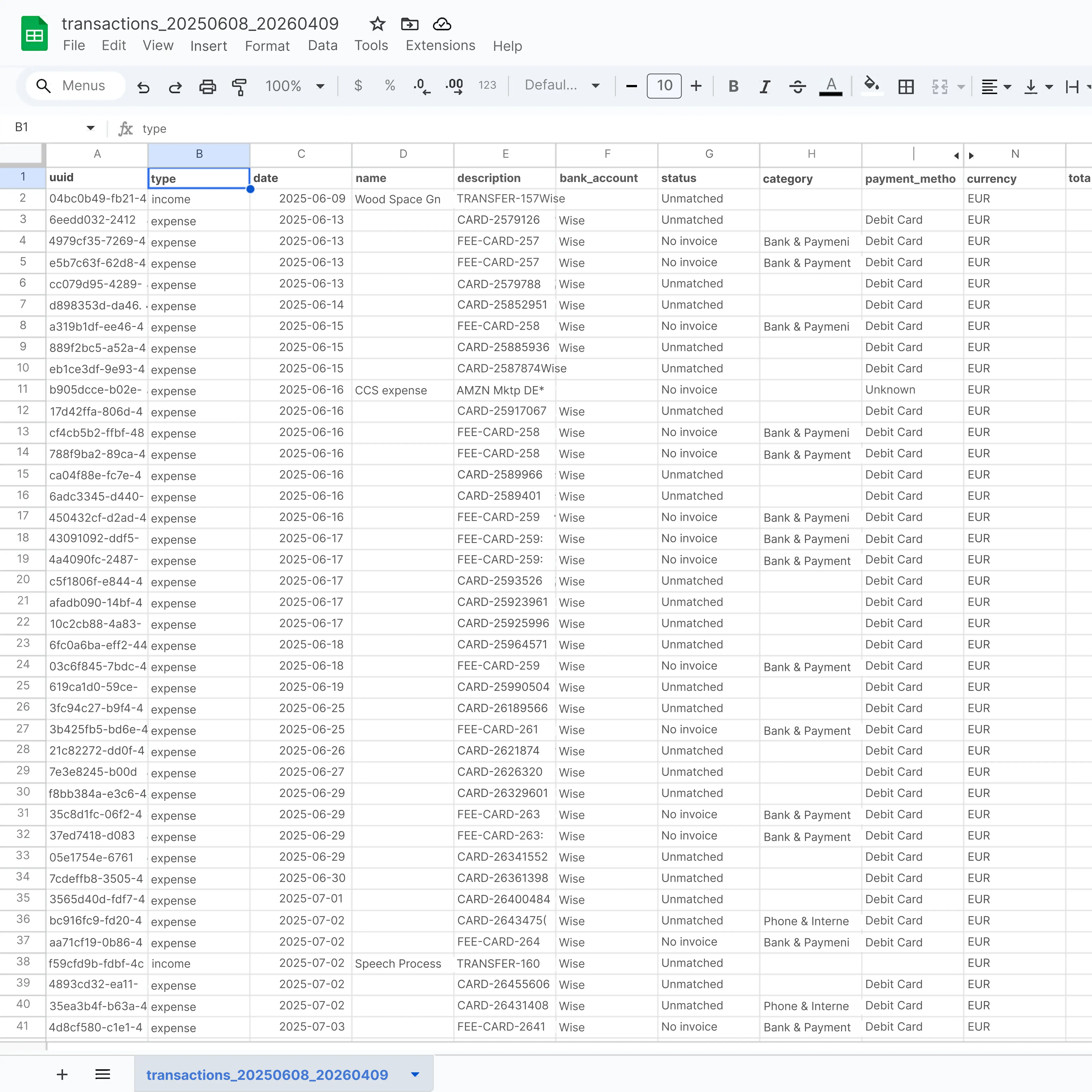 A CSV export with columns for date, vendor, amount, VAT, and category