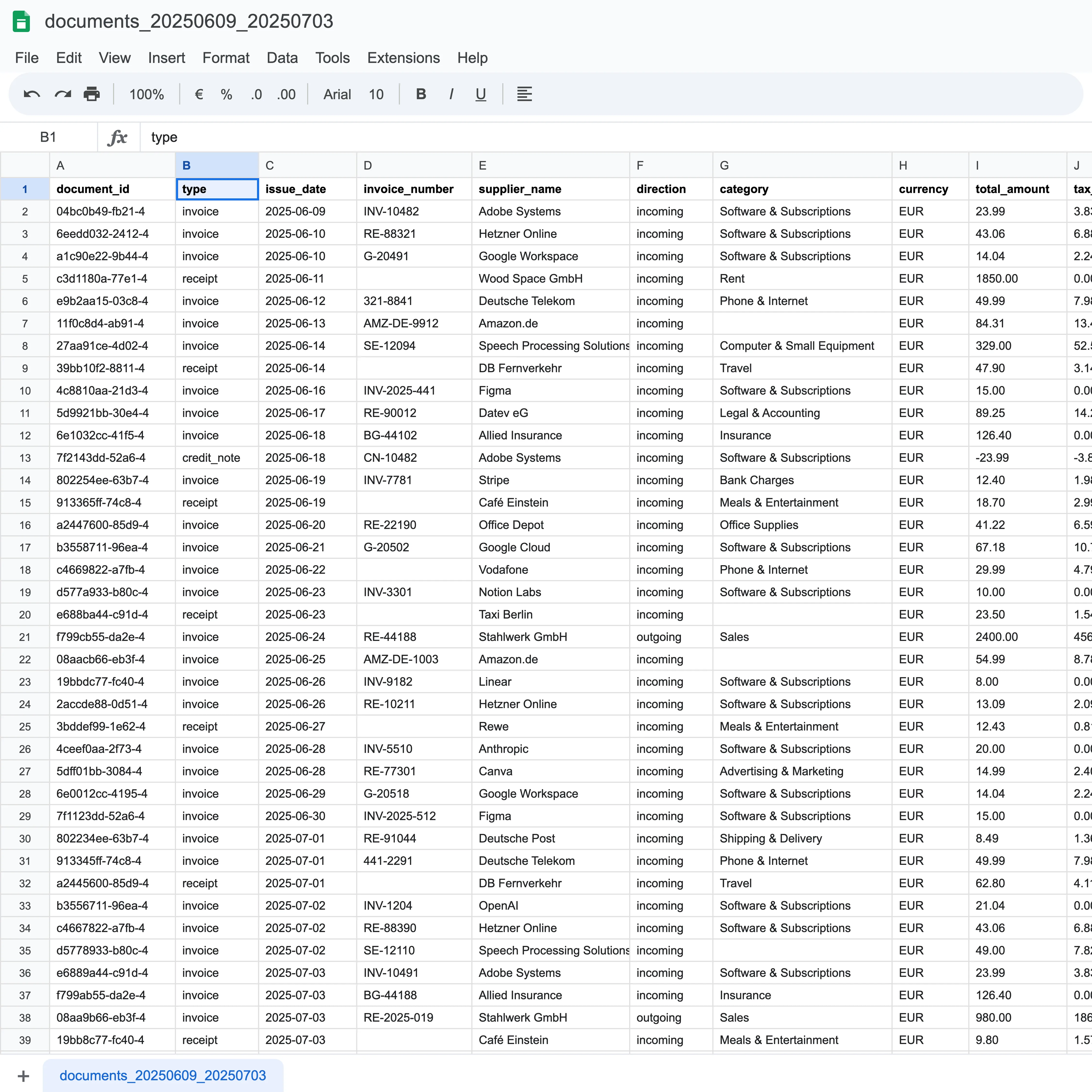 A documents CSV export with columns for issue date, supplier, amount, VAT, and category