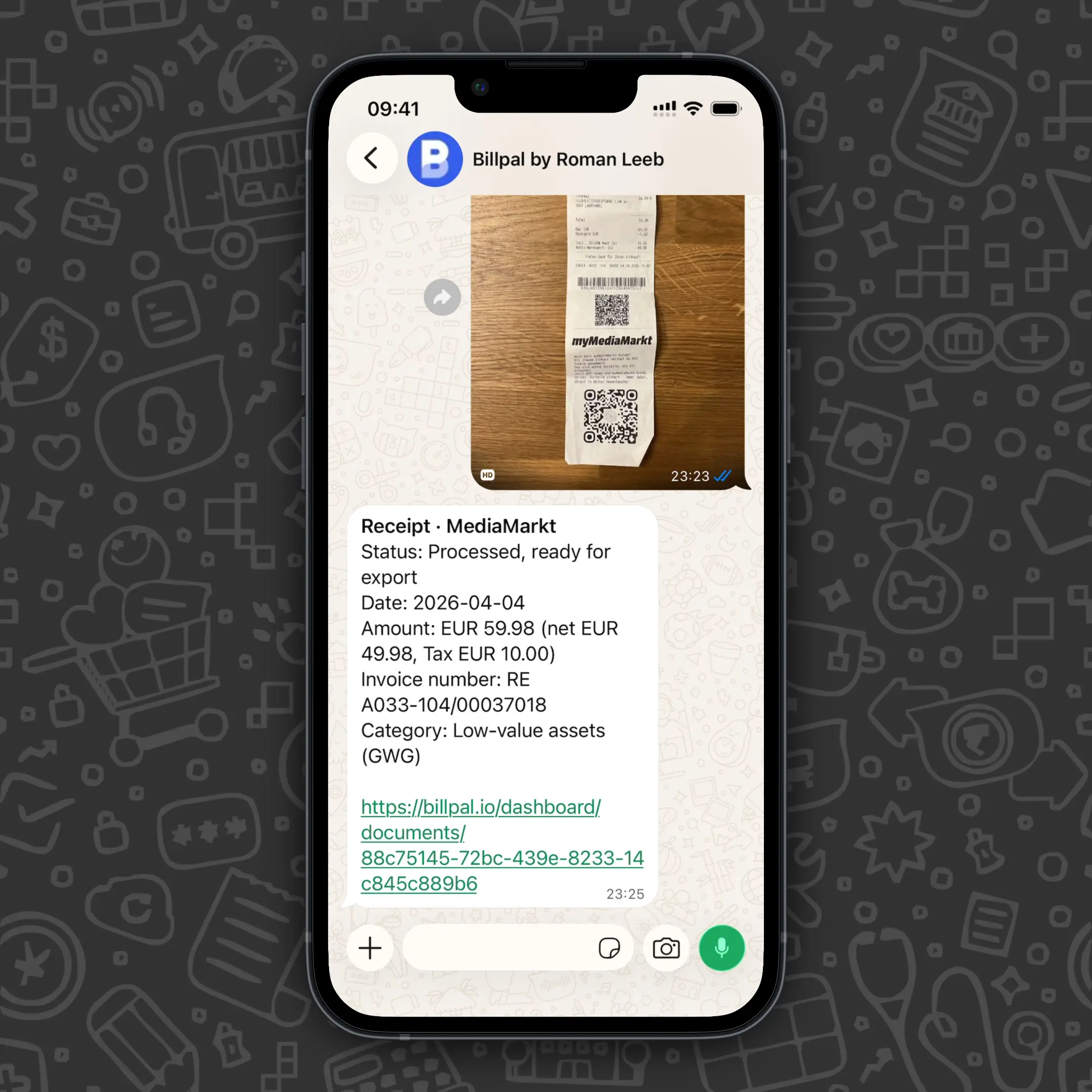 Quittungsfoto an Billpal in WhatsApp