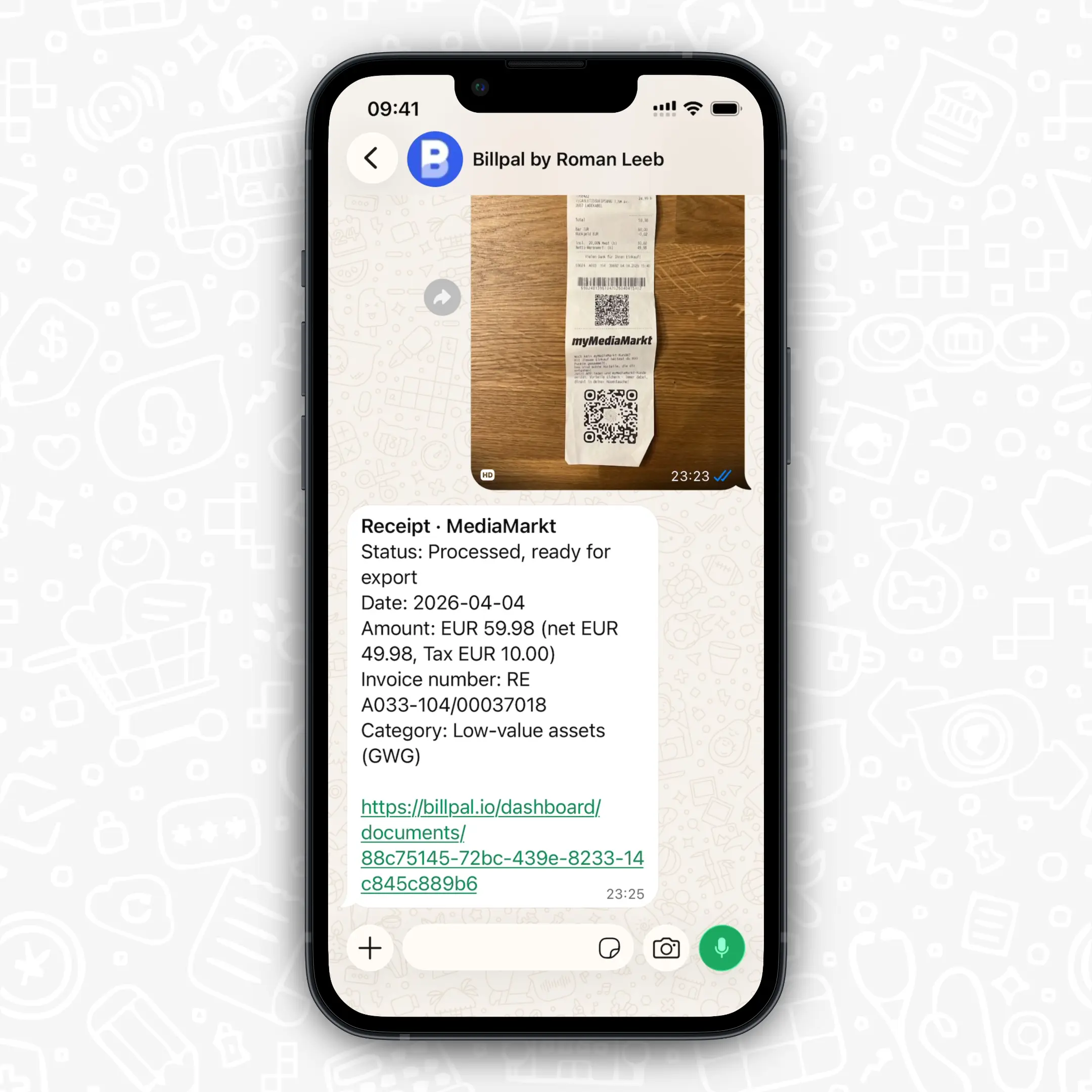 Quittungsfoto an Billpal in WhatsApp